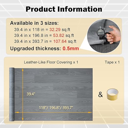 Freshtour Vinyl Flooring Roll, Versatile Removable PET Leather-Like Floor Covering, Waterproof & Durable, Easy Tape Installation, Cost-Effective for Any Room, Grey Oak/ 53.82 Sq.ft (39.3" x 197")