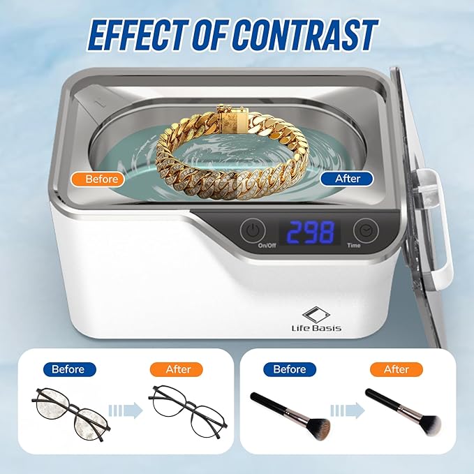 LifeBasis Ultrasonic Jewelry Cleaner, Professional 45kHz Ultrasonic Cleaner Machine 20 Ounces (600ML) with Digital Timer, Watch Holder Ultrasonic Glasses Cleaner for Ring, Coin, Watch, Denture -White