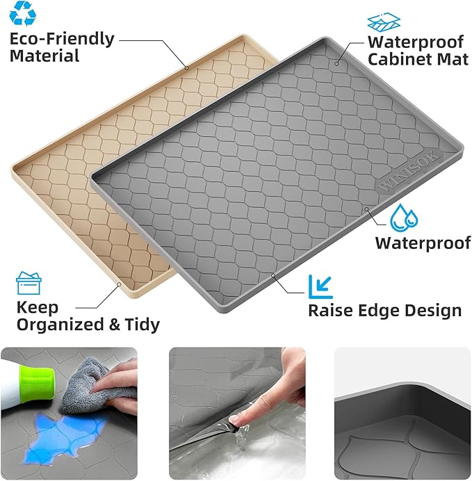 Silicone Under Sink Mat 40" x 19", kitchen Essentials and Gadgets, Shelf liner and Cabinet Protector, Home Organizers and Storage, Waterproof Bathroom Tray