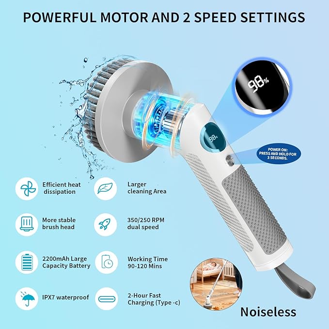 Electric Spin Scrubber, Cordless Cleaning Brush，IPX7 Waterproof Bathroom Scrubber with Adjustable Extension Handle & Battery Level Display for Bathroom Kitchen Car (ECB-S8)