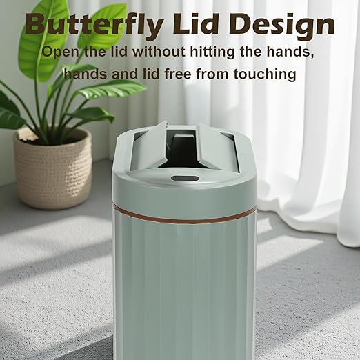 Bathroom Trash Can with Lid Butterfly 2 Gallon Sensor Trash can, IPX5 Waterproof Garbage Can Bathroom Decor, Automatic Trash Bin, Under-Counter Wastebasket for Kitchen, Living Room, Green