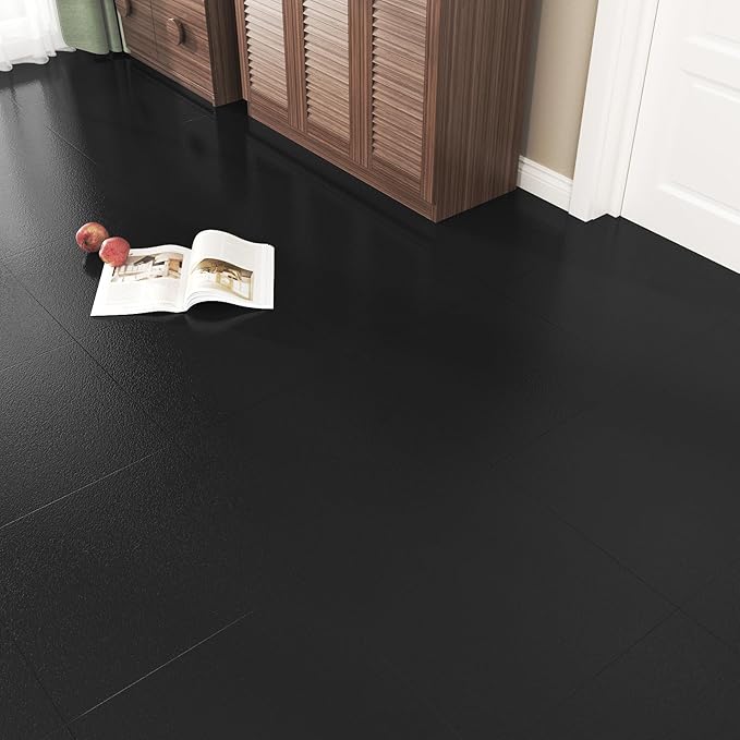 Marble Pure Black Floor Tiles Sheets Peel and Stick Vinyl Flooring for Bathroom Kitchen 5PCS Self Adhesive Flooring Panels Waterproof Basement Garage Floor Stickers Non-Slip Stick on Tiles 12''x12''