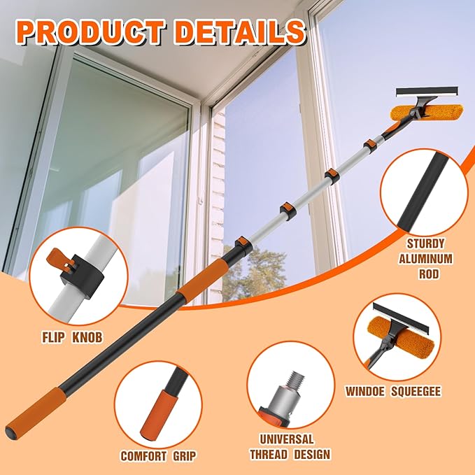 36FT Reach 2-in-1 Window Squeegee, Professional Window Washing Kit with 7-30FT Extension Pole for Home, Indoor Outdoor Squeegee with Rotatable Head for High Windows