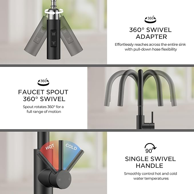 FORIOUS Kitchen Faucet with Soap Dispenser, Modern Matte Black, Single Handle High Arc Stainless Steel Kitchen Sink Faucet with Pull Down Sprayer, 1 or 3 Hole Deck Mount for RV, Laundry, Outdoor