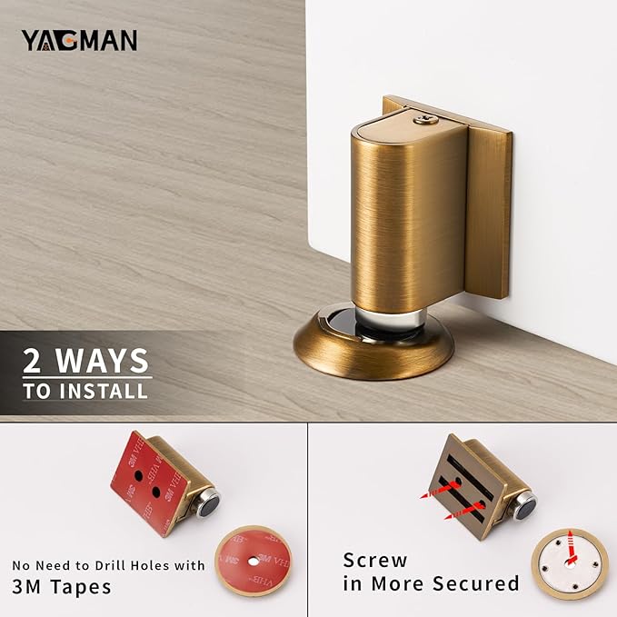 3 Pack Magnetic Door Stopper, Magnet Floor Door Stop Retractable, Door Magnetic Catch, Door Holder to Keep Door Open, No Drilling Mount with Adhesive, Antique Brass AB-3