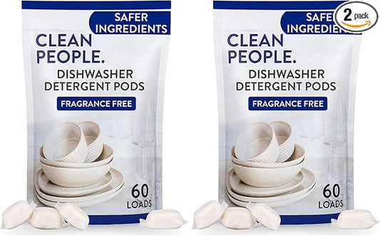 The Clean People Dishwasher Pods - Cuts Grease & Rinses Sparkling Clean - Residue-Free - Phosphate Free Dishwashing Pods (60 Count, Fragrance Free) (Pack of 2)