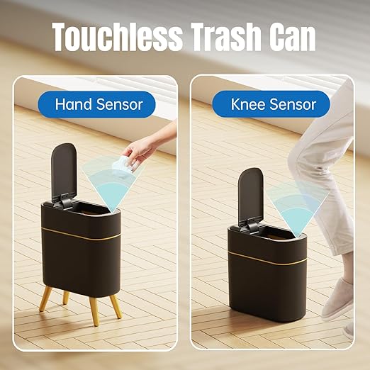 Yatmung 2 Pack - Automatic Bathroom Trash Can with Lid 2.5 Gal Smart Bathroom Trash Can Automatic Touchless - Bedroom, Office, Kitchen, Living Room - Motion Sensor Garbage Can - Black with Gold Legs