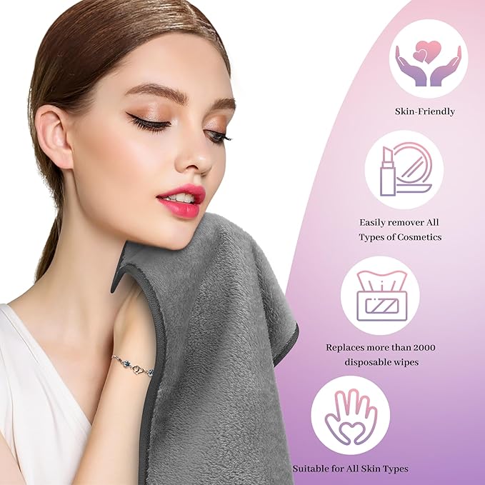Makeup Remover Cloth Pack of 8, Soft Microfiber Makeup Remover Towels,13x7 inch Reusable Facial Cleansing Cloths for All Skin Types,Gray