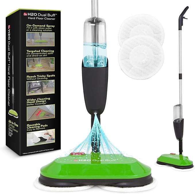 H2O Dual Buff Hard Floor Cleaner, Cordless Electric Mop - Rechargeable Hard Floor Cleaner Head – Scrub, Buff, and Polish with Washable Microfiber Cloths - Spray Mop for Hardwood Floors, Laminate, Tile