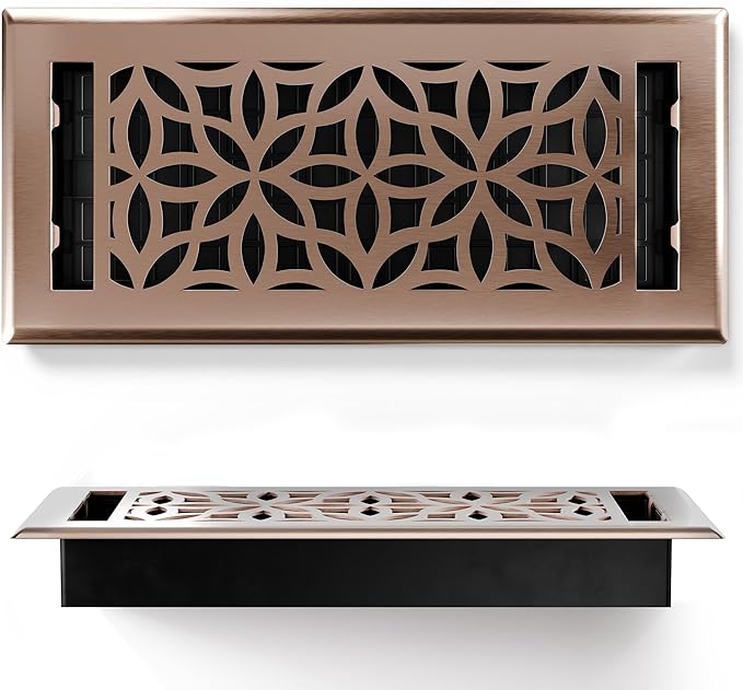 Floor Register 4x10 Vent Cover – 8 Pack – Heavy-Duty Steel, Rustproof & Walkable Grates, Drop-in Install, Adjustable Air Supply Switch - Decorative Floral Design, Satin Bronze