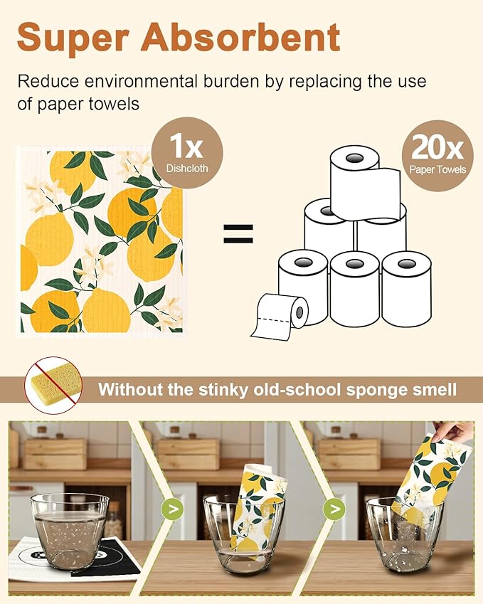 Swedish Dishcloths for Kitchen with Hooks - Reusable Dish Cloths for Washing Dishes Fast Drying Cute Fun 5 Pack Swedish Dish Towels Washable Cleaning Sponge, Fruit