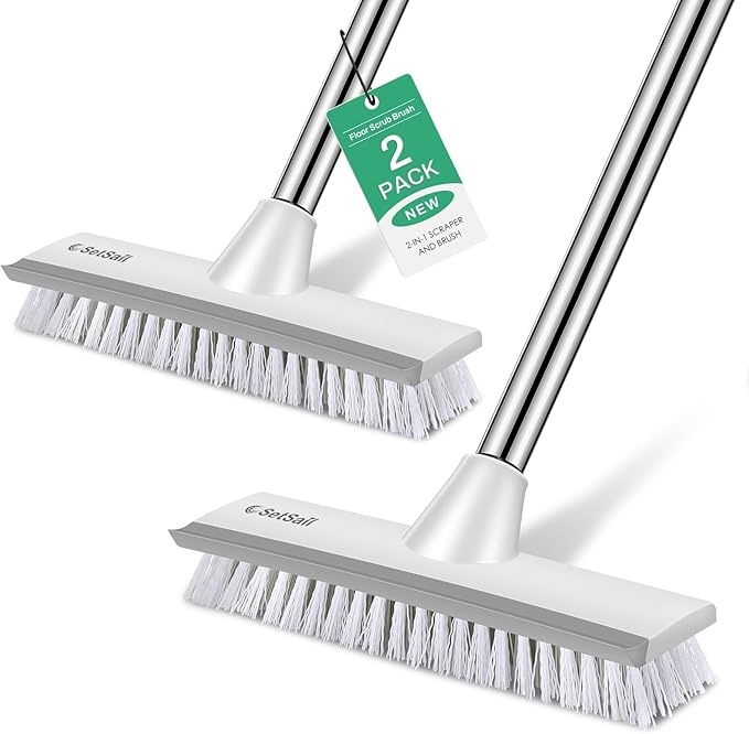 SetSail Floor Scrub Brush with 51-Inch Long Adjustable Handle 2 in 1 Scrape Brush Stiff Bristle Floor Scrubber for Cleaning Shower Bathroom Garage Kitchen Wall Deck Tub Tile, 2 Pack (Grey White)