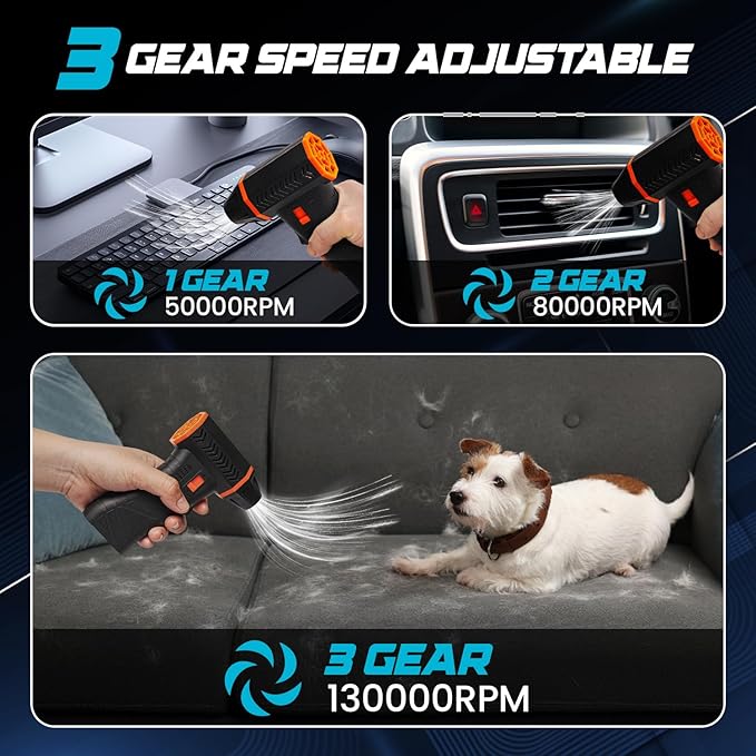 Compressed Air Duster, 130000 RPM Electric Air Duster – Rechargeable Cordless Air Blower with 3 Gear Adjustable Setting with LED Light for Keyboard, Computer, Car, Home, and Outdoor Cleaning