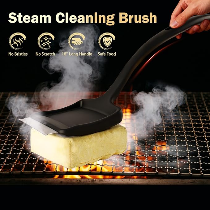 GrillChef Grill Brush Bristle Free, BBQ Cleaner Brush with Replacement Wavy Head, 18 Inch Long Handle, Seamless Scraper Tool for Cast Iron, Stainless Steel Grates, Safe Barbecue Cleaning