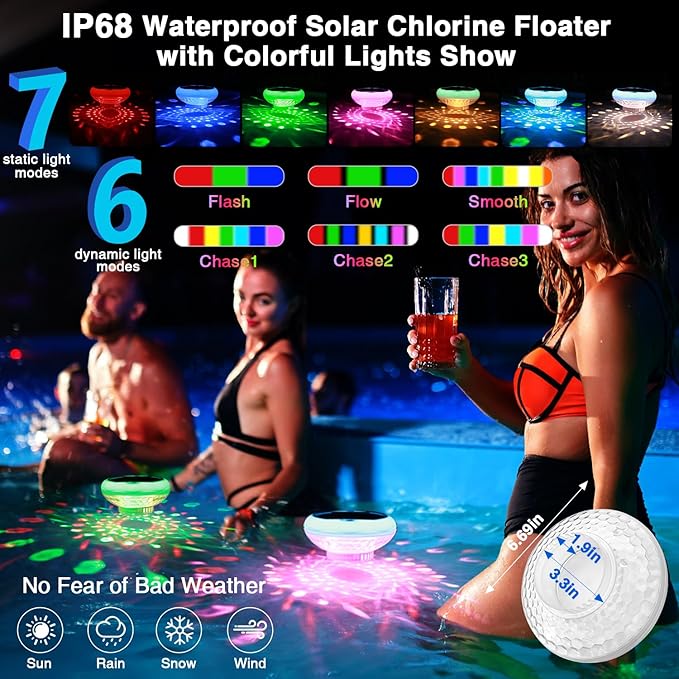 Solar Pool Chlorine Floater, USB Rechargeable Floating Pool Lights, 2600mAh 6.69” IP68 Waterproof Floating Chlorine Dispenser,13 Color Modes Adjustable Release Solar Chlorines Floater 4 Pack