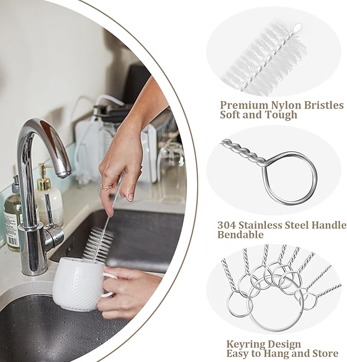 8 Pcs Bottle and Straw Cleaner, Long Deep Nylon Brush with Bendable Stainless Steel Flexible Handles for Bottles, Straws, Pipes, Wine Decanter, Sinks and Cup Cover