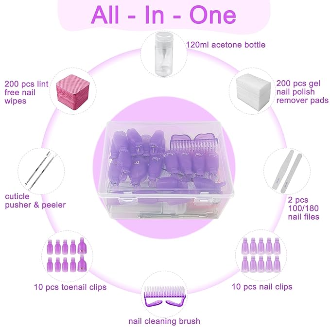 Eyxformula Gel Polish Remover Kit - 10 Toenail Clips, 10 Finger Nail Soak Off Clips, 400 Lint Free Wipes, 2 Nail Files, 120 Ml Push Down Pump Dispenser Bottle, Cuticle Pusher & Peeler, Cleaning Brush