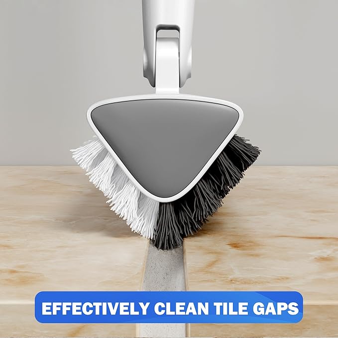 Grout Brush with Long Heavy Duty Handle, 180° Swivel Floor Scrub Brush, V-Shaped Grout Line Scrubber with Stiff Bristles, Cleaning Brush for Deep Cleaning Tile Grout, Shower, Kitchen, and Concrete