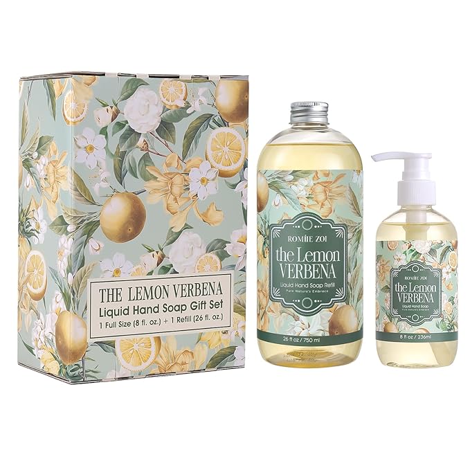 ROMIIE ZOI Hand Soap Gift Set, 750ml Refill + 236ml Liquid Soap, Cruelty-Free, Moisturizing Formula with Essential Oils For Sensitive Skin, Lemon Verbena Scent, For Kitchen & Bathroom