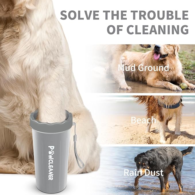 Professional 7 in 1 Dog Paw Cleaner for Dogs & Cats - Includes 1 Portable Paw Washer, 1 Bath Brush, 2 Dog Toothbrushes and 3 Absorbent Towels Note: Fits Paws 2.5 to 3.5 Inches Wide (Large, Grey)