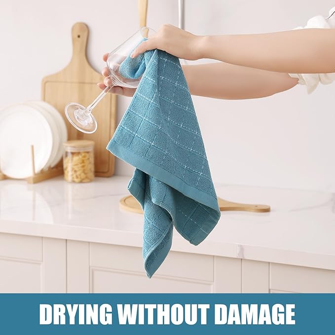Homaxy 100% Cotton Terry Kitchen Towels(Lake Blue, 13 x 28 inches), Checkered Designed, Soft and Super Absorbent Dish Towels, 12 Pack