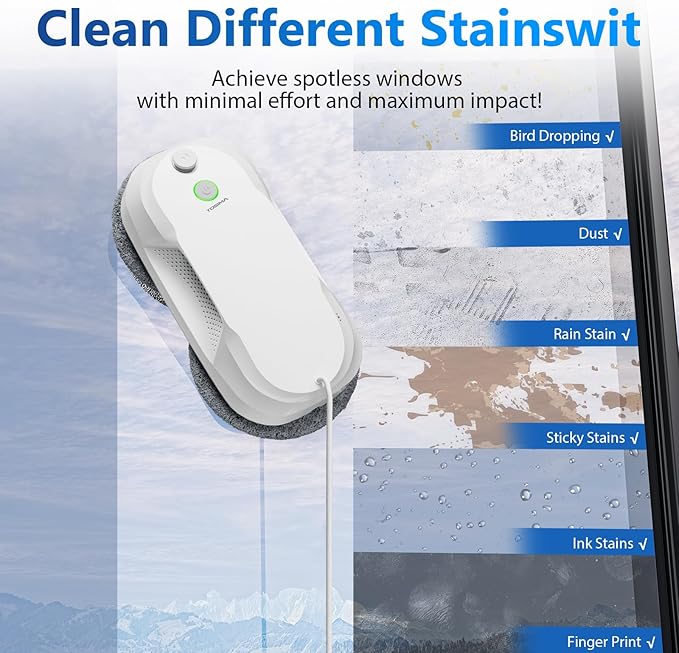 Tosima W5 Window Cleaning Robot, Dual Direction Auto-Spray Smart Window Cleaner with Triple Safety System, Smart Navigation, Remote Control, for All Smooth Surfaces, with 8 Rags (White)