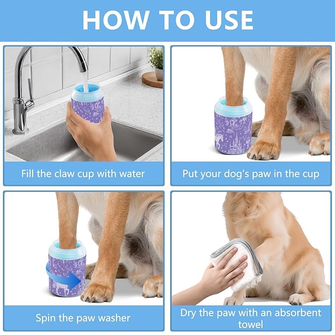 Dog Paw Cleaner Cups for Dogs Pet Foot Washer Paw Scrubber for Medium Small Large Dogs Cats Cleaning Cup Purple Unicorns Castles