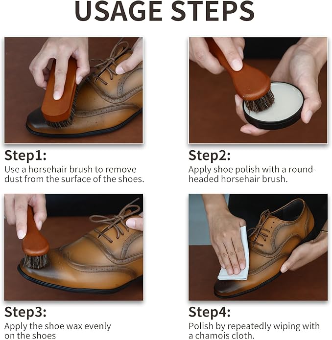 IKI Shoe Shine Polish Kit - 7PCS Leather Boot Care Kit with Black Shoe Polish Horsehair Brush Cloth Shoe Horn for Men