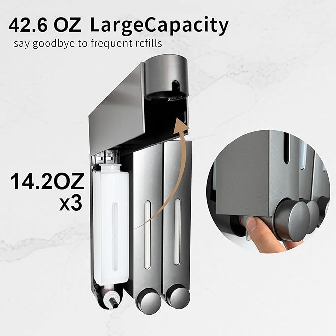 Shower Shampoo Dispenser 3 Chamber-Wall-Mounted Soap Dispenser for Bathroom,No-Drill Installation,42.6 oz Capacity,Shampoo Conditioner Body Wash Dispenser,Wall Mount Soap Dispenser for Shower