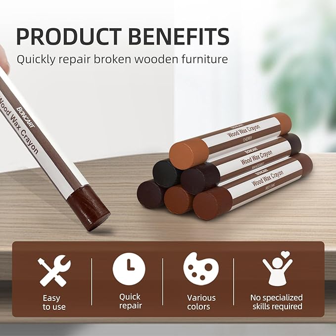 Wood Filler Sticks,6 Colors Wood Wax Crayons for Repairing Scratches, Scuffs, Cracks, and nail Holes on Wood Furniture, Floors, Cabinets, Tables, and Doors