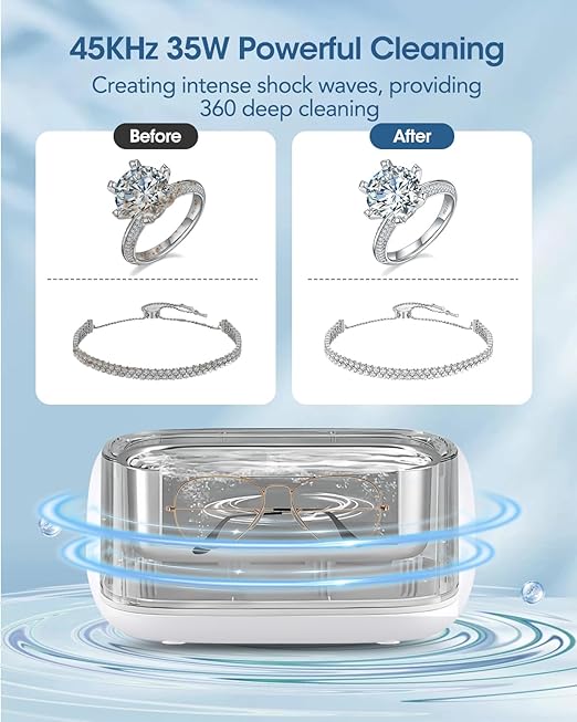 Adiding Jewelry Cleaning Machine, 650mL Ultrasonic Glasses Rings Cleaner Professional Denture Coins Watch Cleaner with 5 Digital Timer Degas Mode Diamond Earrings Necklaces