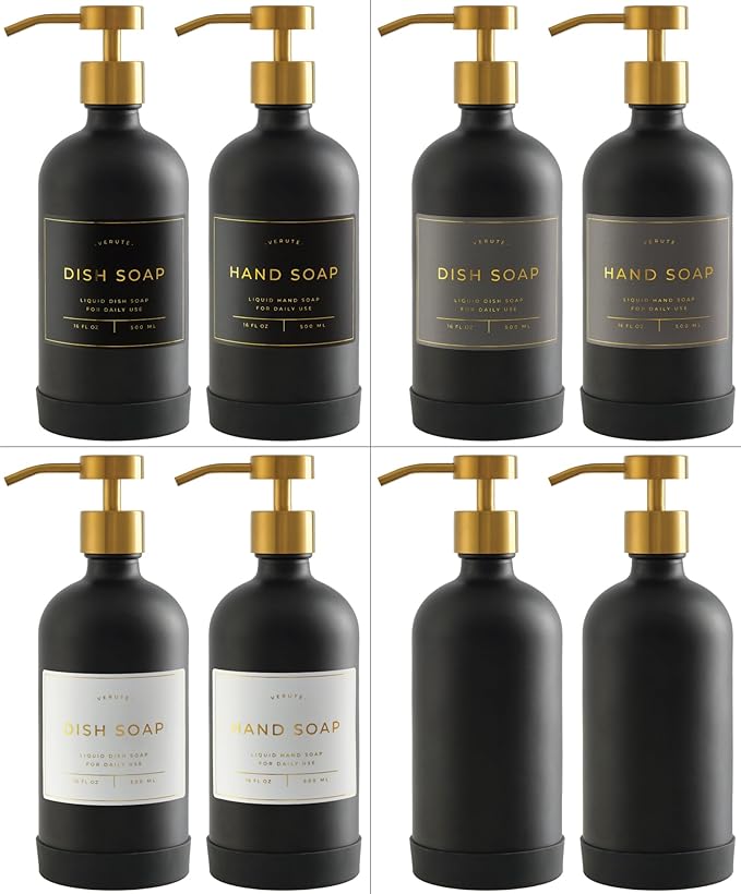 Hand and Dish Soap Dispenser for Kitchen and Bathroom, Set of 2 16 Oz Glass Bottles, Stainless Steel Pumps, Non-Slip Silicone Base, 27 Waterproof Labels (Matte Black Bottle/Brushed Gold Pump)