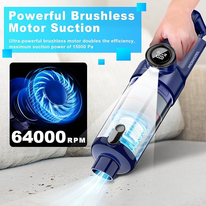 Handheld Vacuum Cordless - Car Vacuum Cleaner with Brushless Motor, 15kPa Powerful Suction Vacuum with LED Light, Type C Port, 2 Fliters, Portable Hand Vacuum for Home, Pet and Car