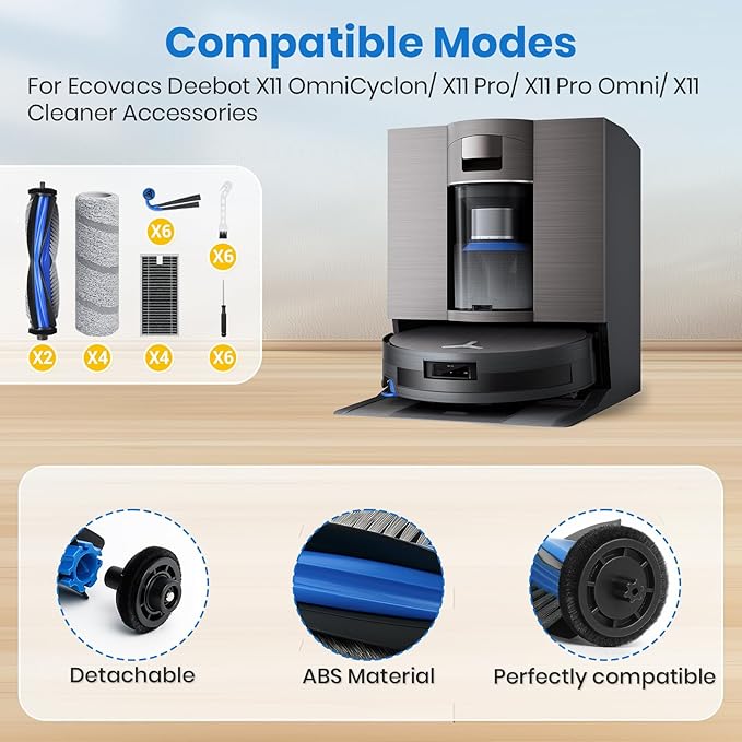 X11 Replacement Parts for Ecovacs Deebot X11 OmniCyclone X11 Pro Omni X11 Pro X11 Vacuum Robotic Parts with 2 Roller Brush,4 Mop,4 HEAP,6 Side Brushes,1 Screwdriver,1 Clean Brush