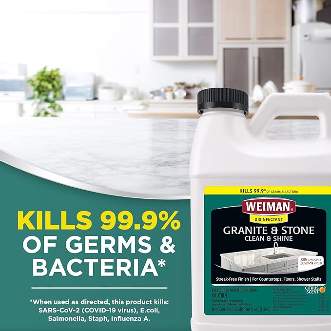 Weiman Disinfecting Granite and Stone Countertop Cleaner and Polish - Safely Cleans & Shines Marble, Quartz Quartzite Slate, Limestone, Corian, Laminate Tile, 64 Oz, 2 Pack