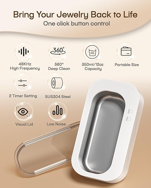 Ultrasonic Jewelry Cleaner, Professional 48KHz Ultrasonic Machine for Jewelry, Eyeglass,Denture,Watch Band,Retainer,Ring - 2 Cleaning Modes/360°Deep Clean,350ML/12OZ 304 Stainless Steel Tank,Low Noise
