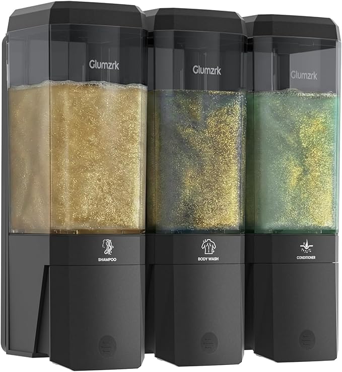 Shampoo and Conditioner Dispenser 3 Chamber No Drill Shower Soap Dispenser Wall Mounted Shampoo Conditioner Body Wash Refillable Bathroom Shower Dispenser (Black+Smoke Gray 3 Chamber)