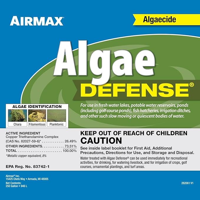 Airmax Algae Defense, EPA Registered Algaecide Pond & Lake Water Treatment, Floating Moss, Green Slime Scum & Chara Killer, Outdoor Liquid Spray Copper Based Solution, 1 Gallon