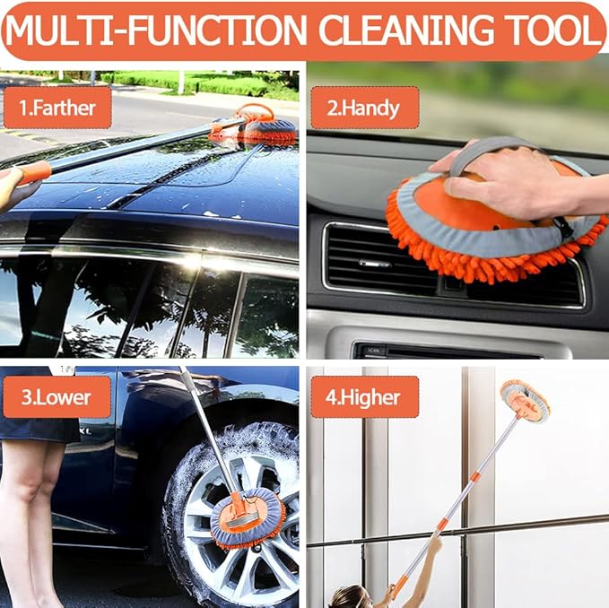 47.5" Car Wash Brush Mop Cleaning Tool with Long Handle Kit for Washing Detailing Cars Truck, SUV, RV, Trailer, Boat 2 in 1 Chenille Microfiber Sponge Duster Not Hurt Paint Scratch Free