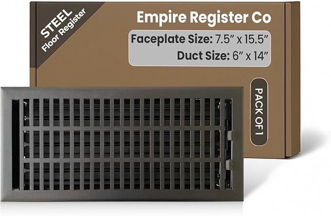 Empire Register Co, 6x14 inch Vent Cover, Modern Contemporary Design, Textured Black Finish, Heavy Duty Floor Vent Covers, Metal Damper Attached Vent Covers for Home Floor only
