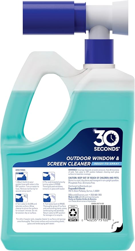 30 SECONDS Outdoor Window & Screen Concentrated Cleaner for Glass, Patio Doors, Fiberglass, Furniture - No Screen Removal Required, Spray & Rinse - Hose End Spray Attachment (2 PACK)
