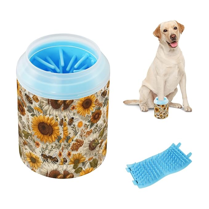 Dog Paw Cleaner Cups for Dogs Pets Foot Washer Paw Scrubber for Medium Small Cats Dogs Cute Cleaning Cup Beige Bees Sunflowers Daisy