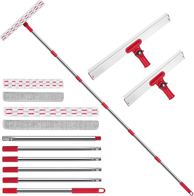 Window Cleaner Tool Set, 86.6'' Window Washing Kit with 6-Section Extension Pole, Window Cleaning Tool with 2 Sizes of Rubber Squeegees, Window Squeegee for Home Car Glass Window Cleaning