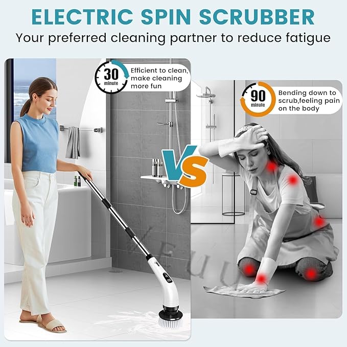 7-in-1 Electric Spin Scrubber, 25W Powerful Cordless Cleaning Brush with Adjustable Handle & 7 Replaceable Heads for Bathroom, Floor, Tile, Kitchen & Car