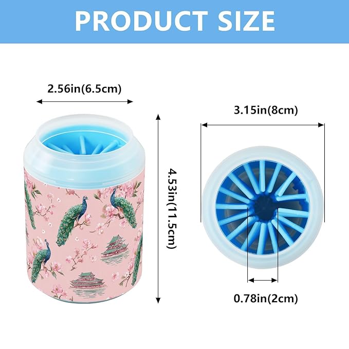 Dog Paw Cleaner Cups for Dogs Pet Foot Washer Paw Scrubber for Medium Small Large Dogs Cats Cleaning Cup Pink Peacocks Cherry Blossoms