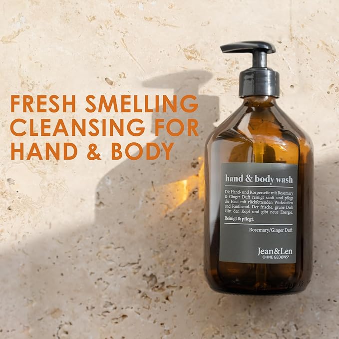 Jean & Len Hand & Body Wash Liquid, Spicy fresh scent Rosemary & Ginger, Hand and Body refillable Liquid, 100% vegan, without silicones, parabens and microplastics 16.9 Fl. Oz.
