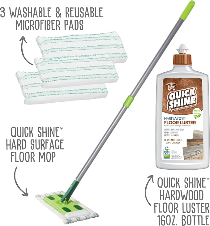 Quick Shine Hardwood Floor Clean + Polish Mop Kit w/ 3 Reusable Pads & 1-16 oz. Floor Luster w/Plant-Derived Carnauba | Use Wet + Dry | Safer Choice pH Neutral Ready to Use Formula