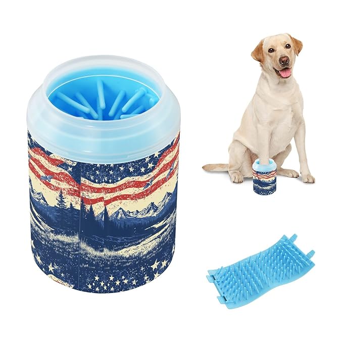 Dog Paw Cleaner Cups for Dogs Pets Foot Washer Paw Scrubber for Medium Small Cats Dogs Cute Cleaning Cup July 4th Flags Mountains Blue