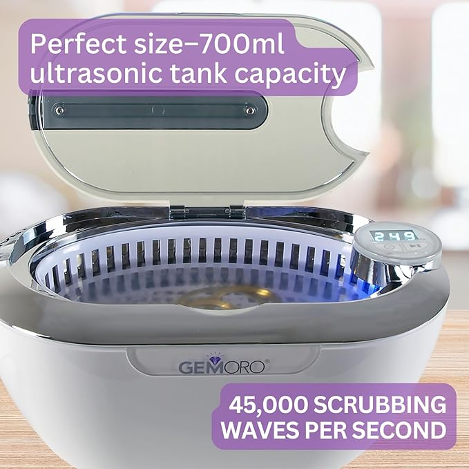 GemOro LUXESPA | Personal Ultrasonic Jewelry & Eyeglass Cleaner with 5 User-Programmable Timed Cleaning Cycles | Professional Performance Machine for Rings Watches Glasses Earrings (1796)