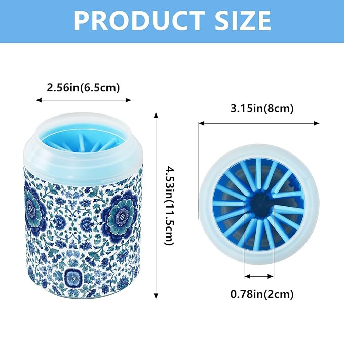 Dog Paw Cleaner Cups for Dogs Pets Foot Washer Paw Scrubber for Medium Small Cats Dogs Cute Cleaning Cup Floral Blue and White Vine